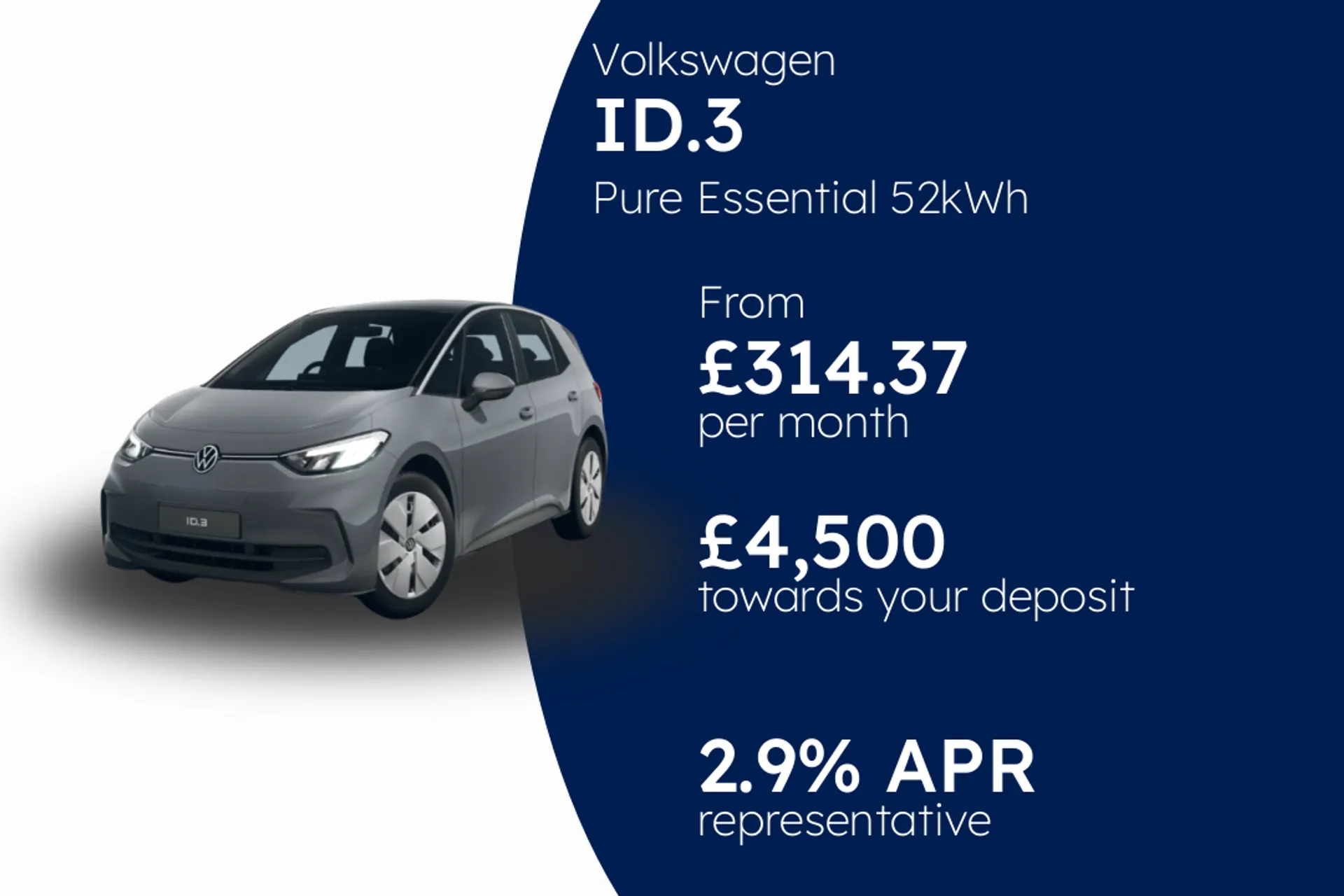 Volkswagen Pure Essential 52kWh 170PS 1-speed automatic 5 Door PCP Finance Offer From £314.37 Per Month 2.90%