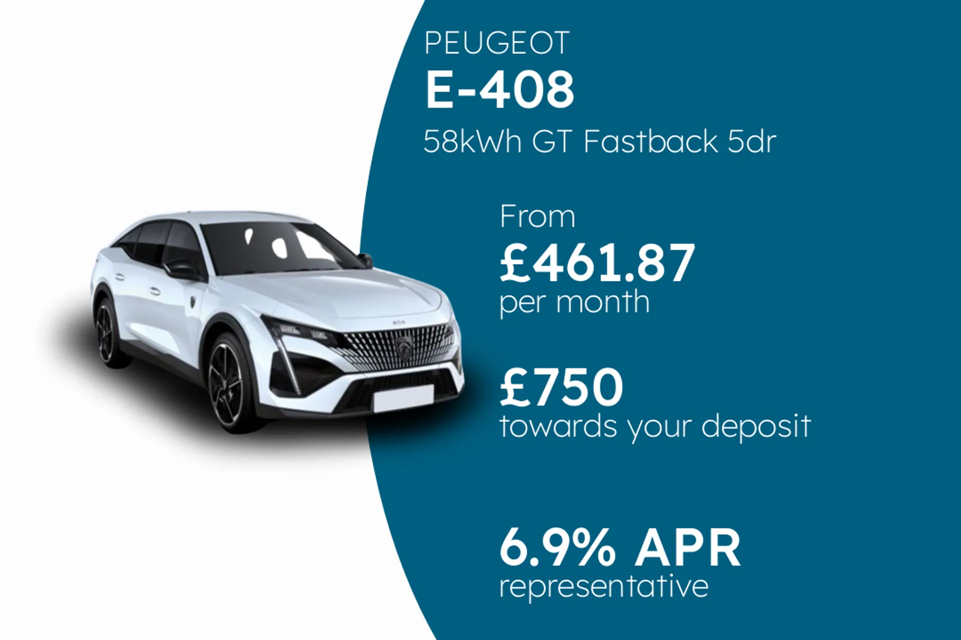 PEUGEOT 58kWh GT Fastback 5dr Electric Auto (210 ps) PCP Finance Offer From £461.87 Per Month 6.90%
