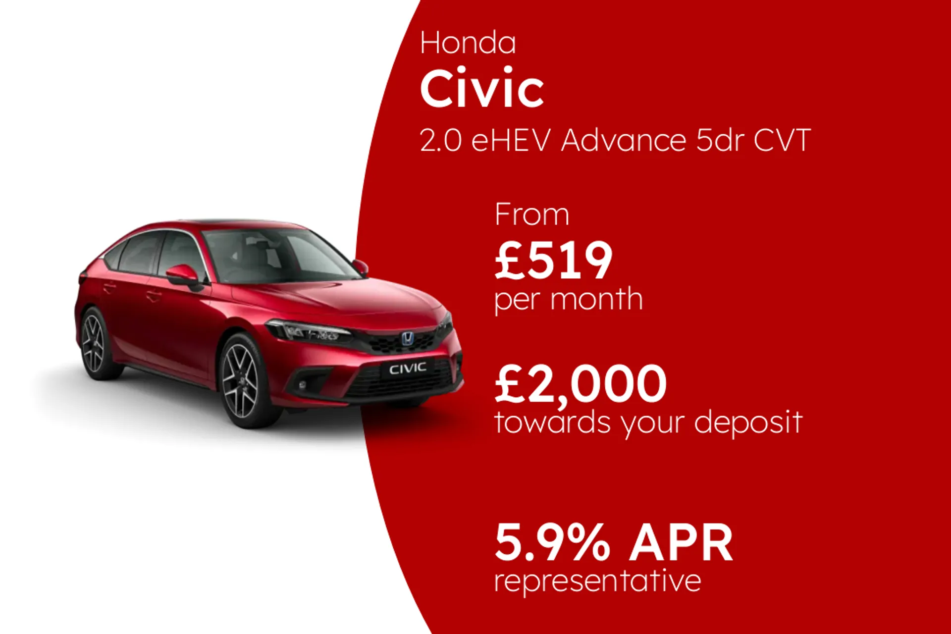 Honda 2.0 eHEV Advance 5dr CVT PCP Finance Offer From £519.00 Per Month 5.90%