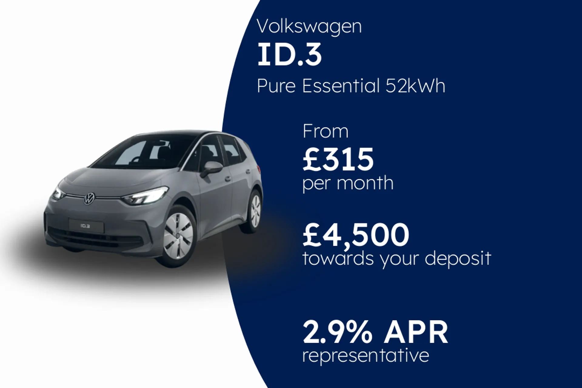 Volkswagen Pure Essential 52kWh 170PS 1-speed automatic 5 Door PCP Finance Offer From £315.00 Per Month  