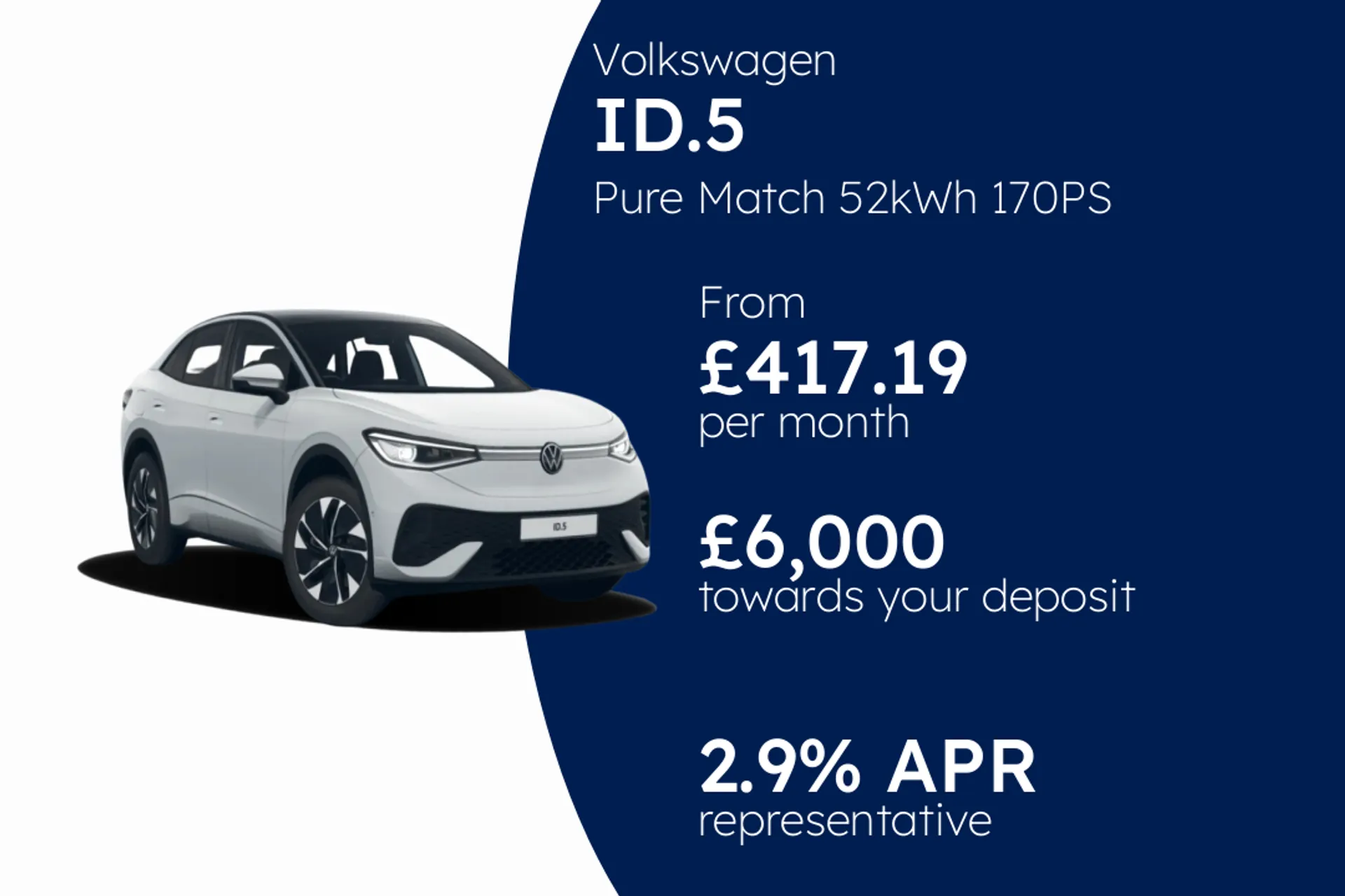 Volkswagen Pure Match 52kWh 170PS 1-speed automatic 5 Door PCP Finance Offer From £417.19 Per Month  