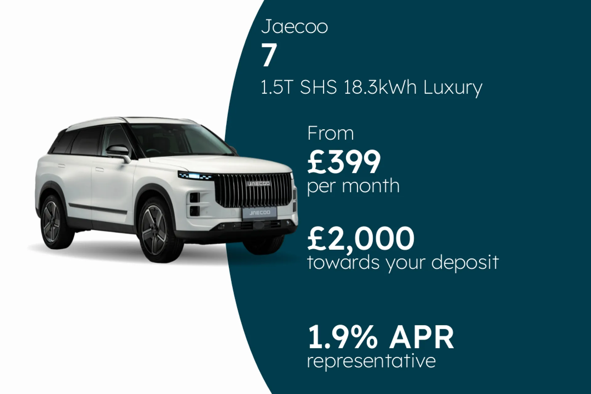 Jaecoo 1.5T SHS 18.3kWh Luxury Auto White PCP Finance Offer From £399.00 Per Month