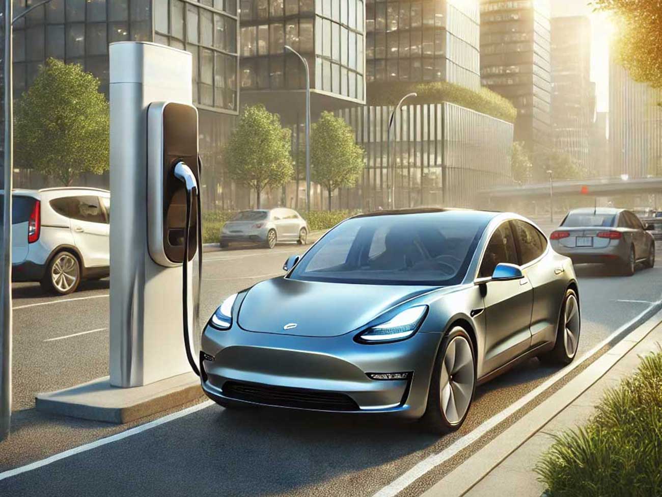 Electric car charging at charge point
