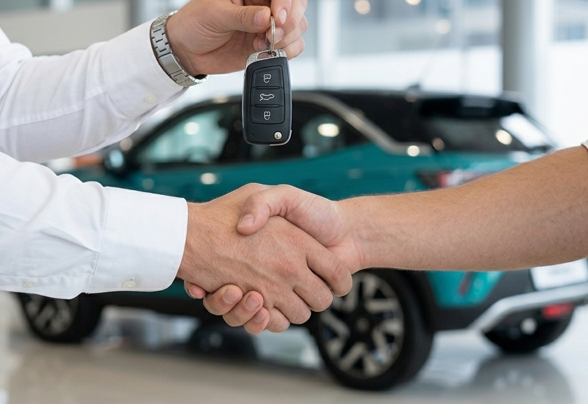 Handshake between two people exchanging a car key with a Vauxhall Mokka in the background