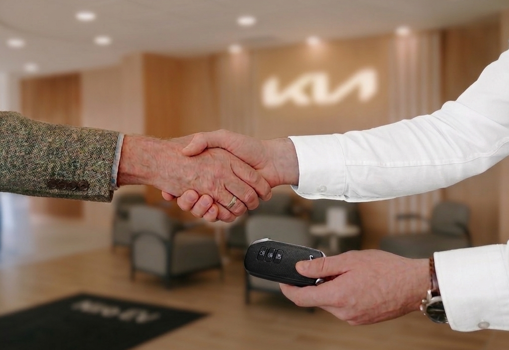 sales and customer handshake at a kia dealership