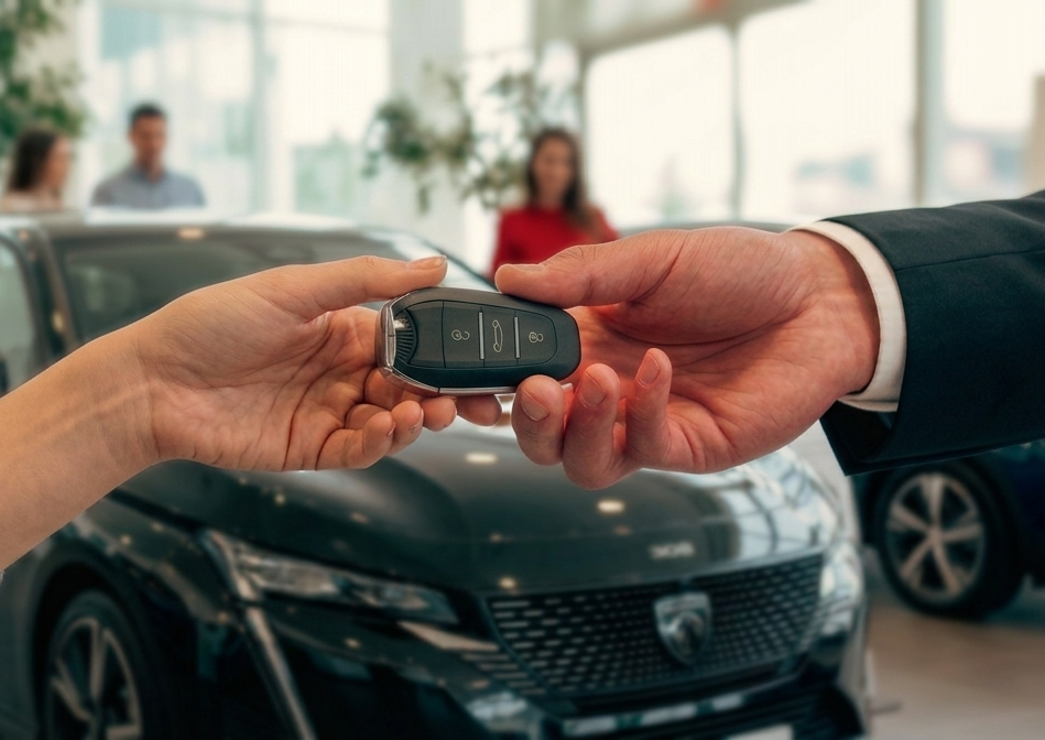 two people exchanging a Peugeot car key inside a dealership showroom