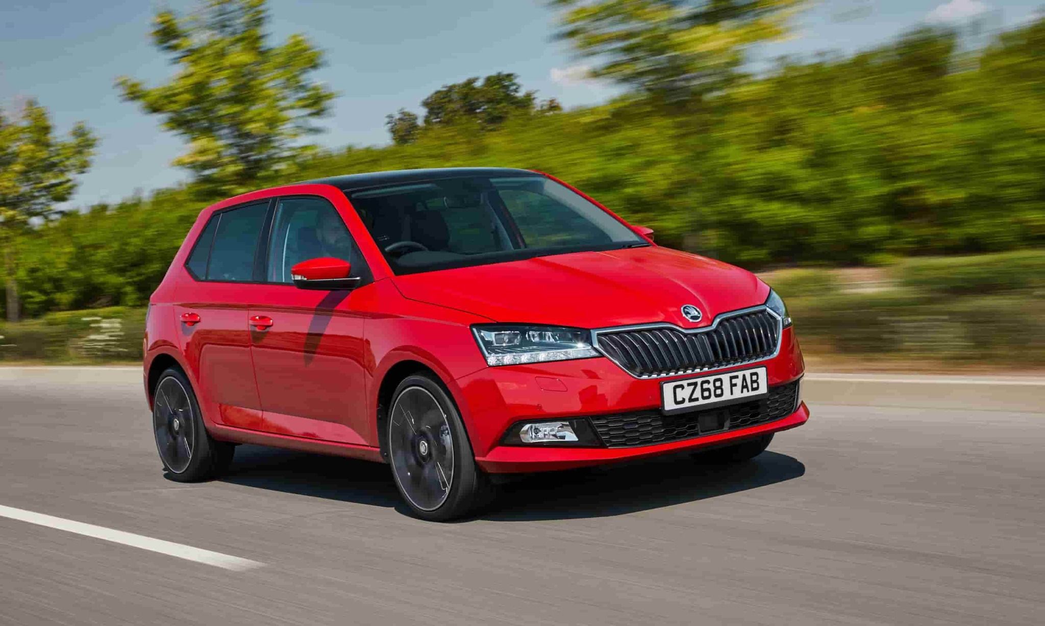 front view of red skoda fabia
