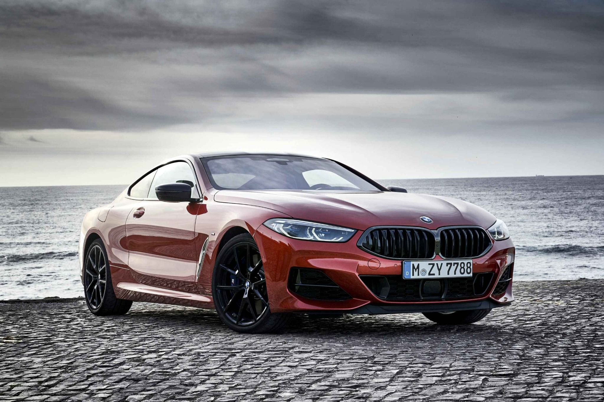 Red Parked BMW 8 Series in Front of Landscape