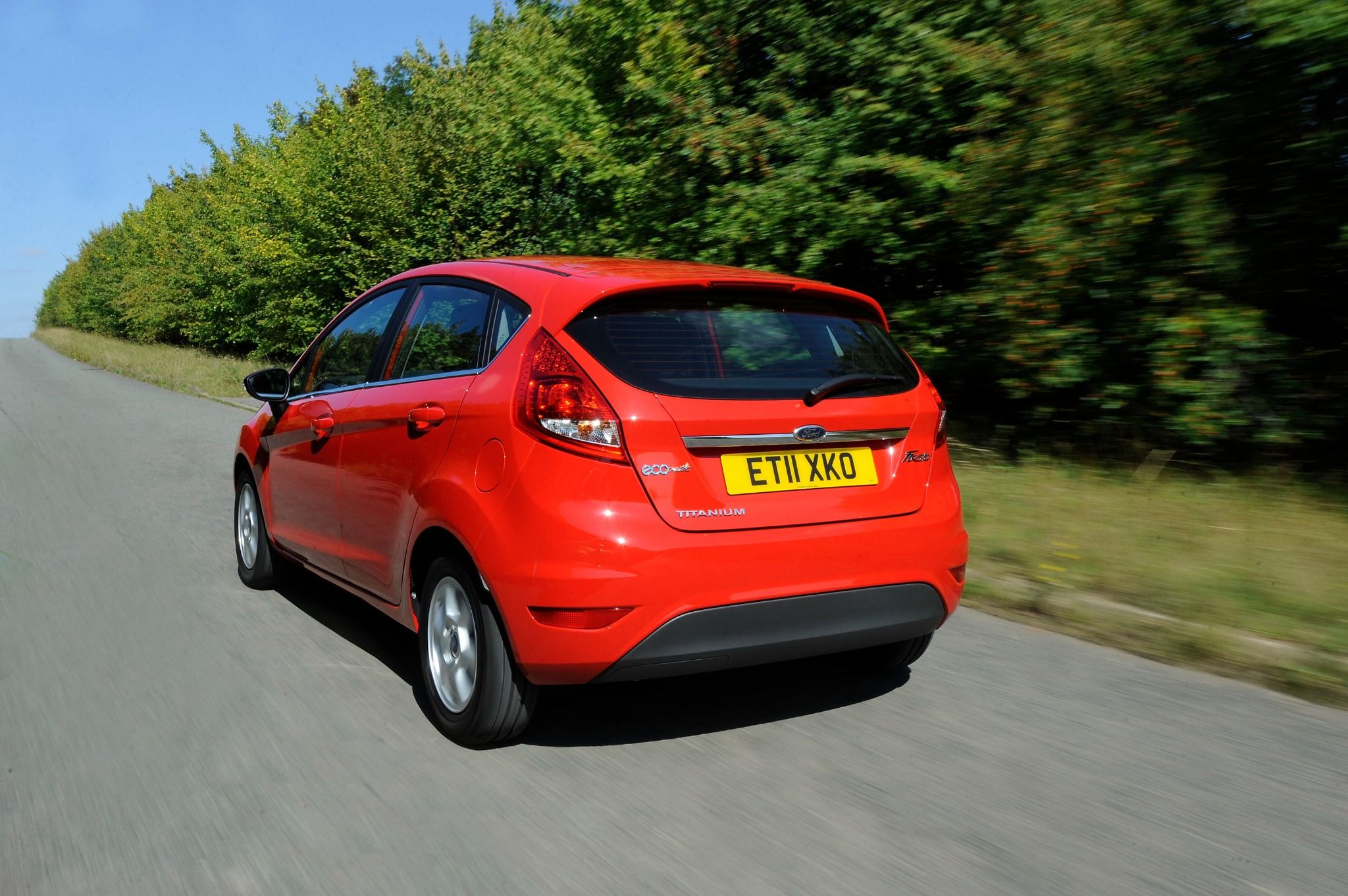 Rear view of a red Ford Fiesta