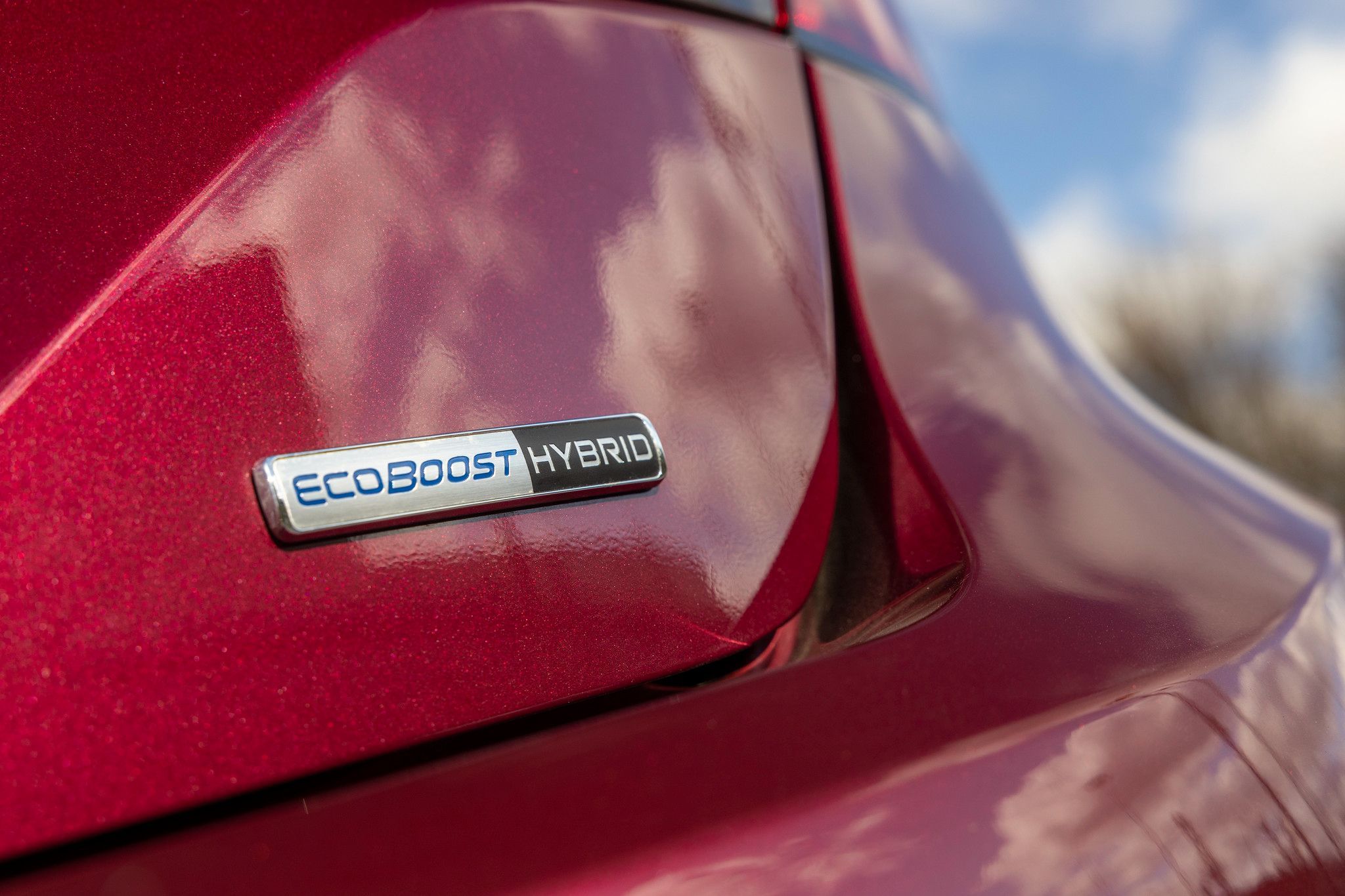 Ford EcoBoost car badge on red car