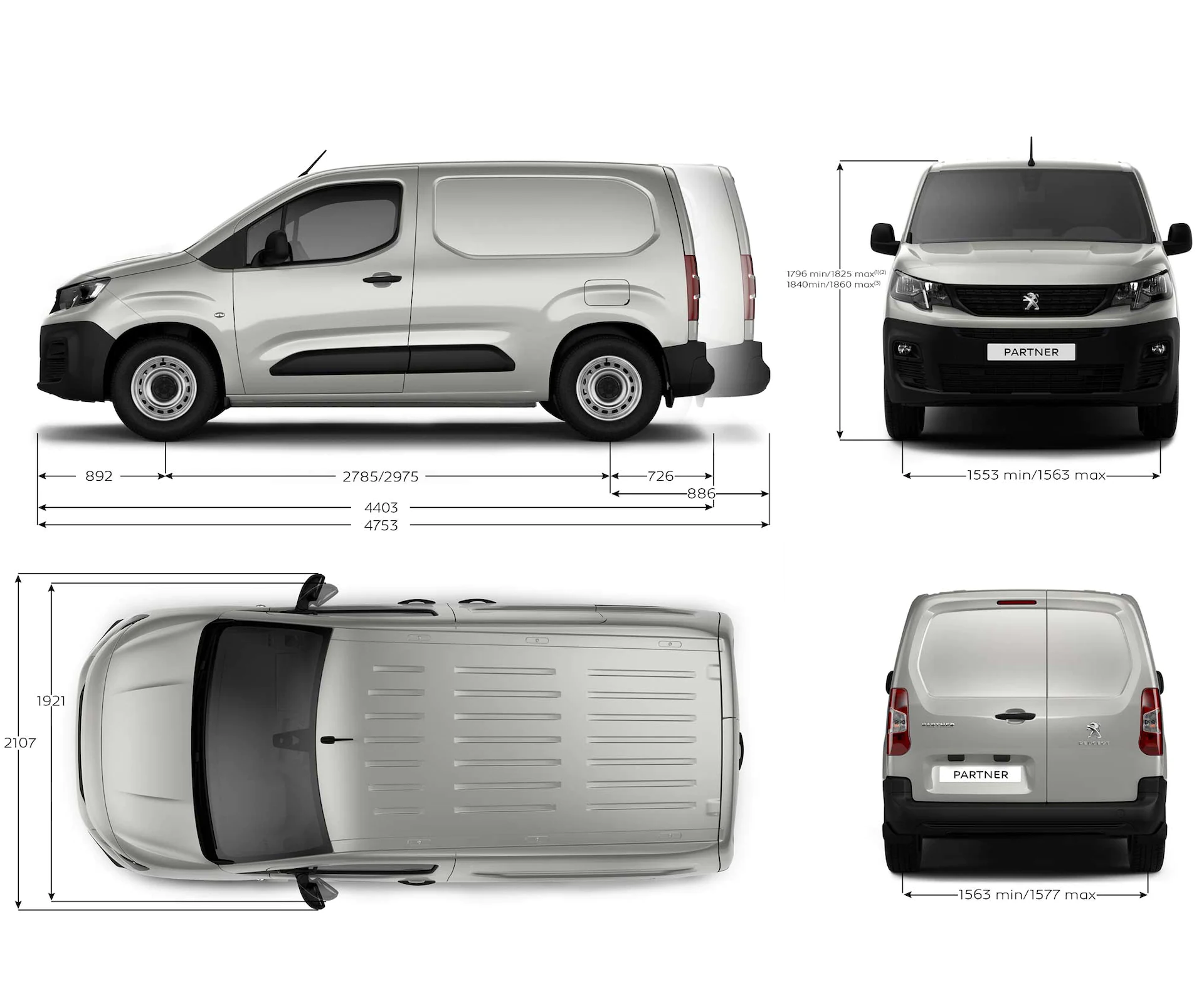 different views of a peugeot partner ev with dimensions