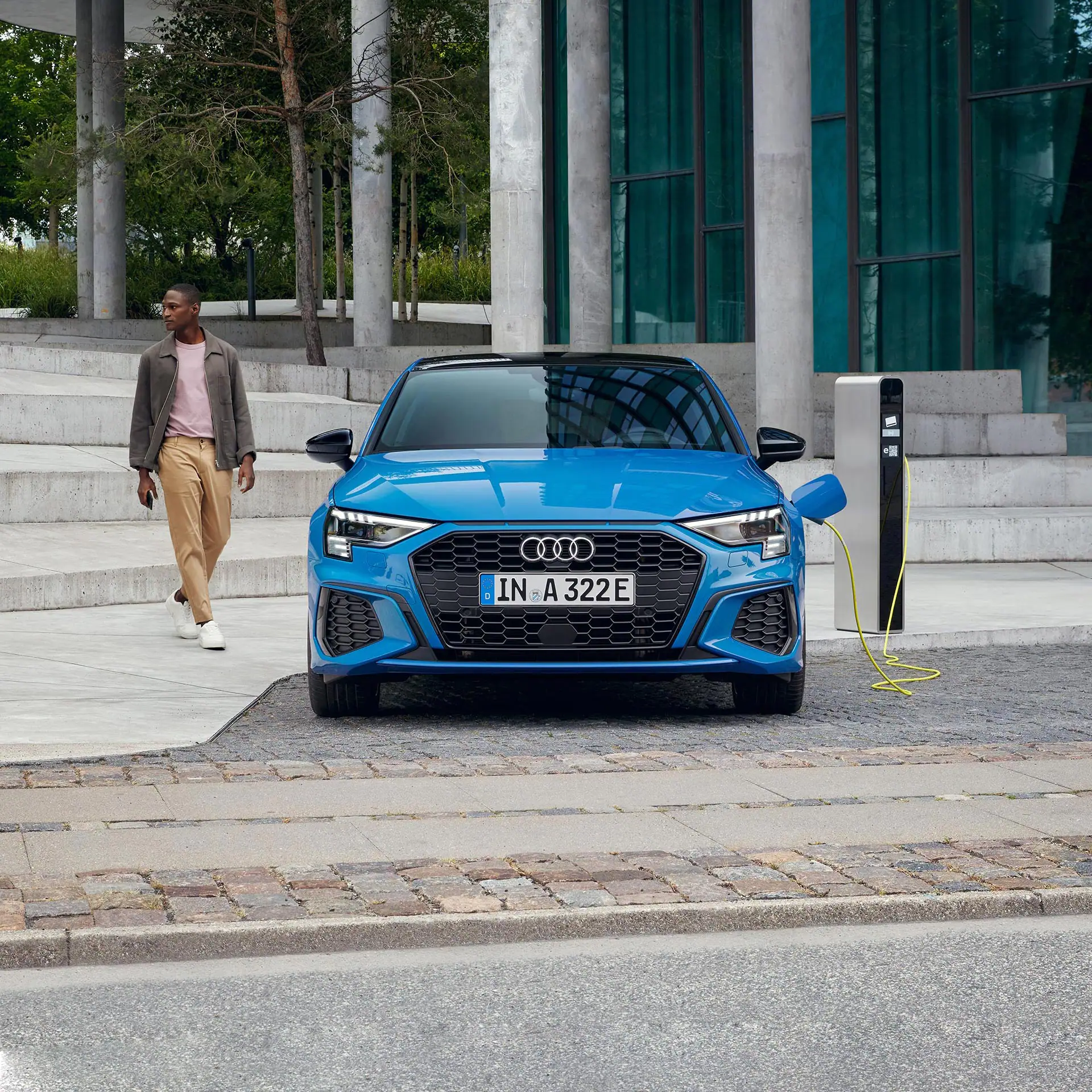 Blue Audi A3 TFSI e charging