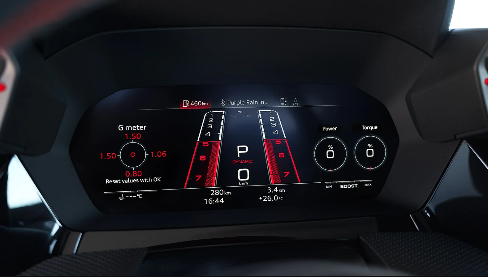 Red 2021 Audi RS3 Virtual Cockpit screen