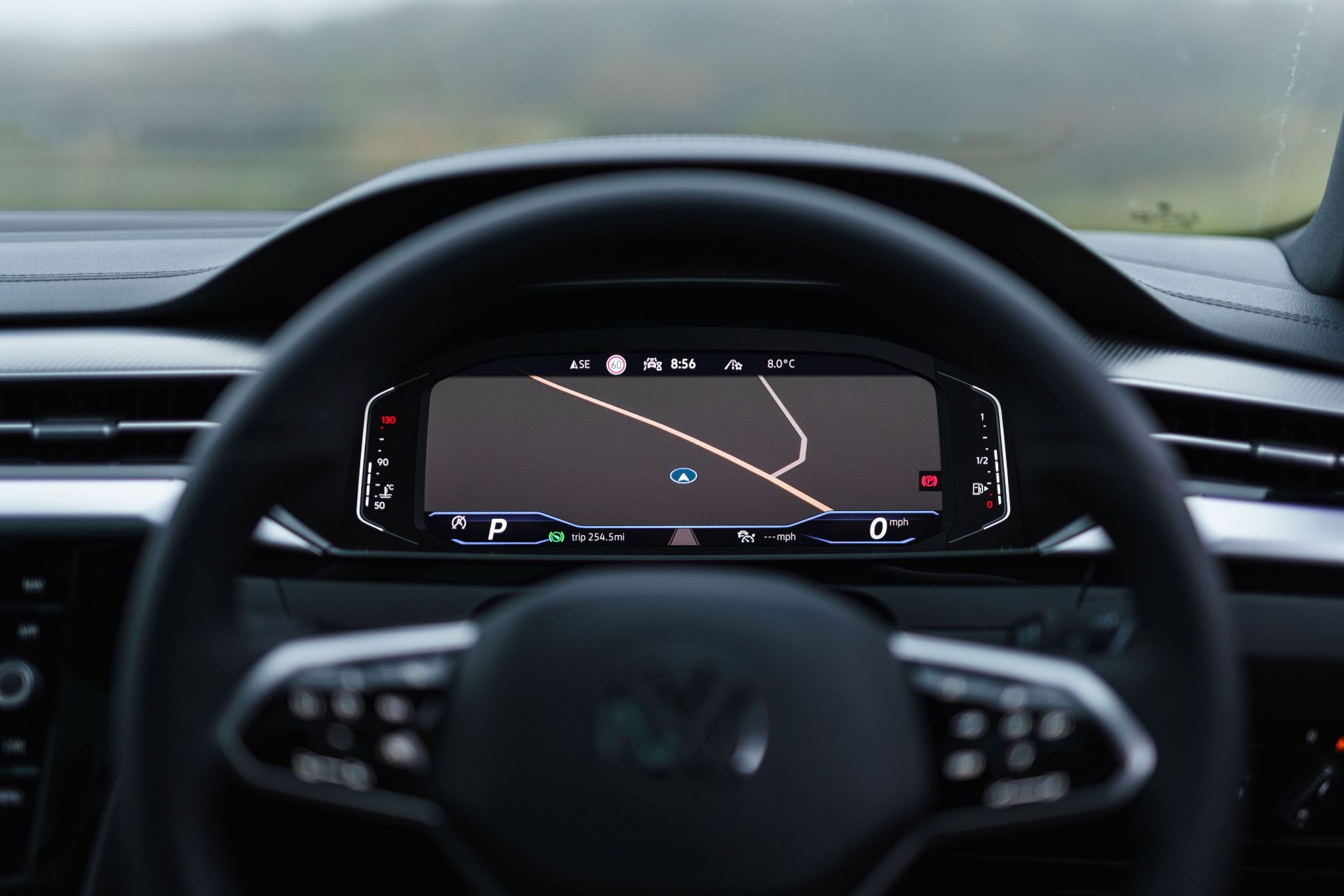 close up of digital cockpit on Arteon and steering wheel