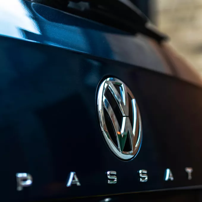 close up of Passat badging and the VW Logo