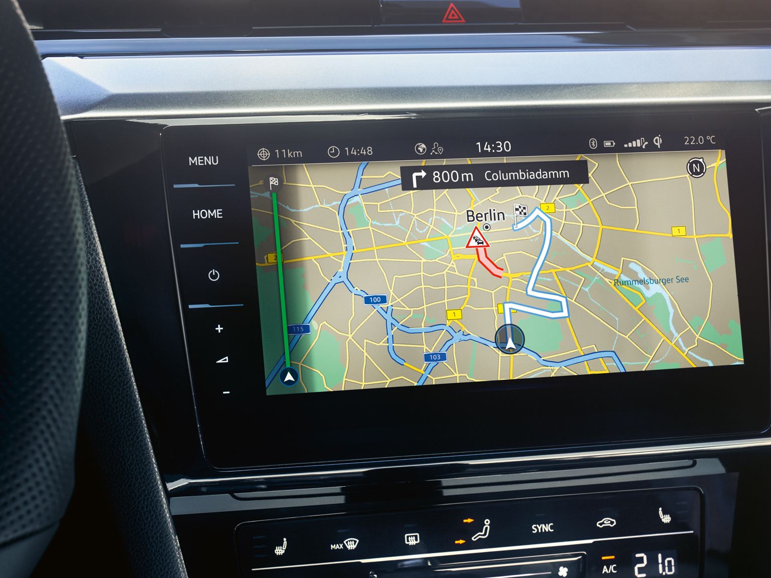 close up of sat nav in vw arteon with a map on the screen