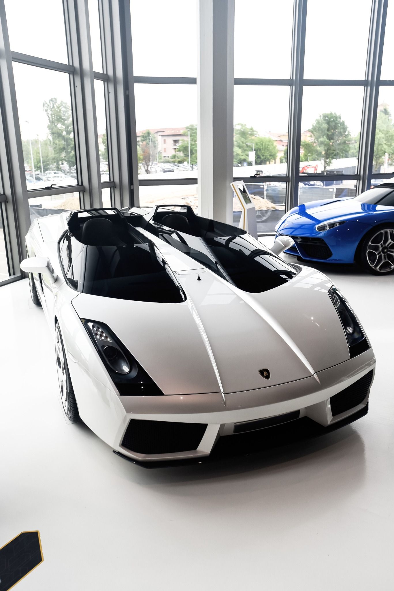 White Lamborghini in front of a big window