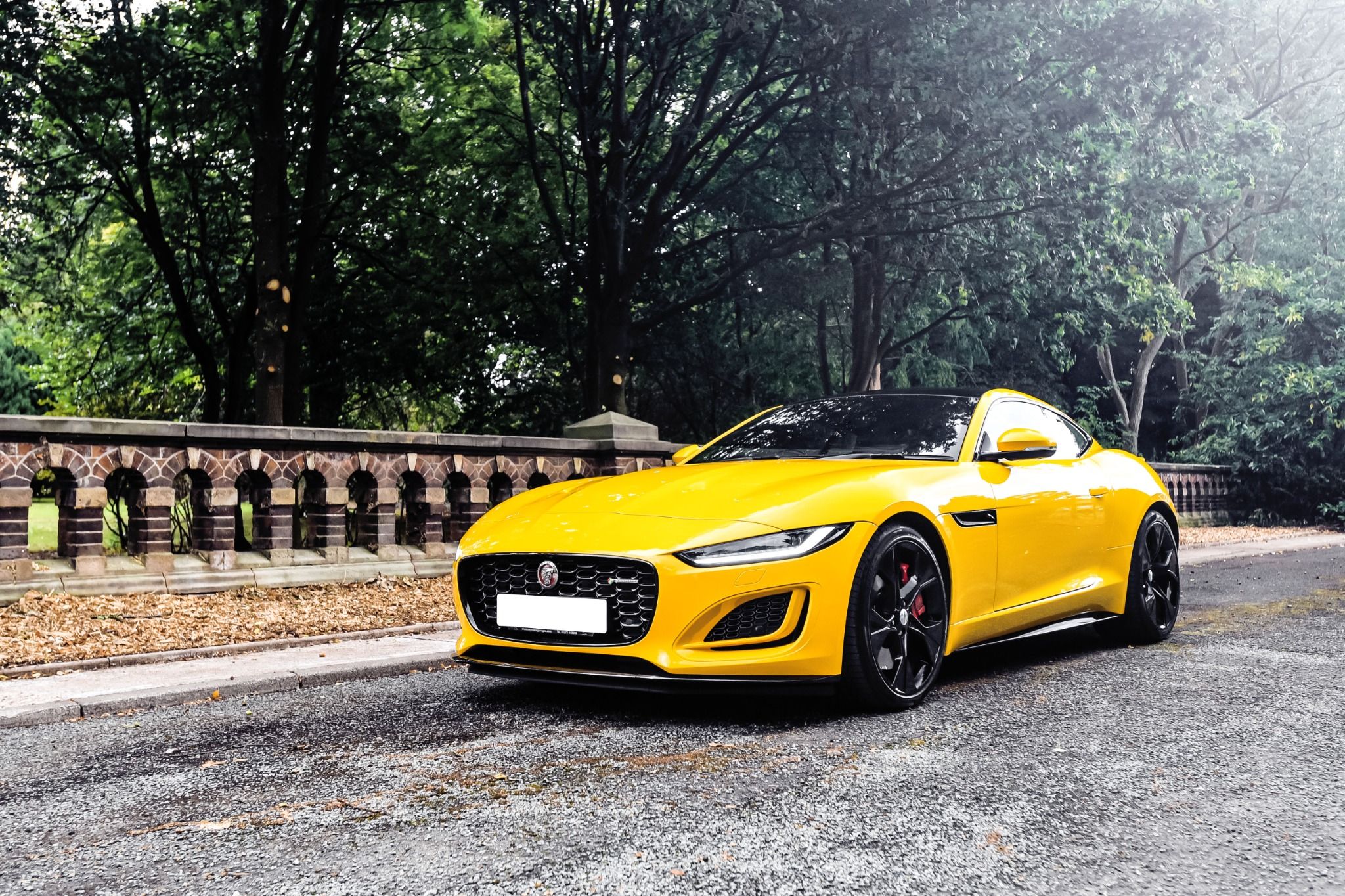 Yellow Jaguar F-Type Parked Next To Trees