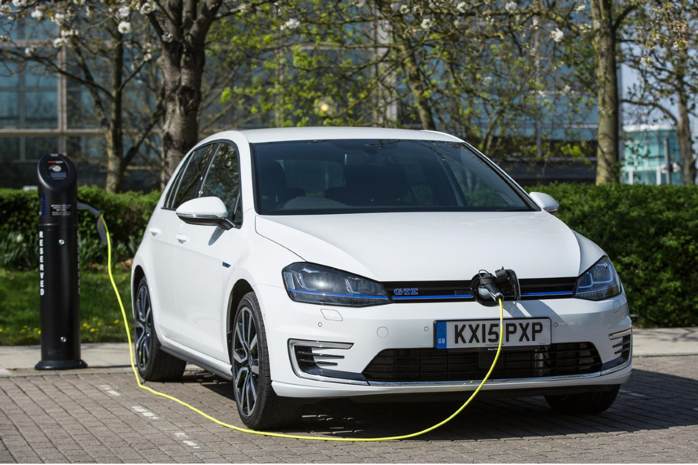 White Volkswagen Golf GTE on charge