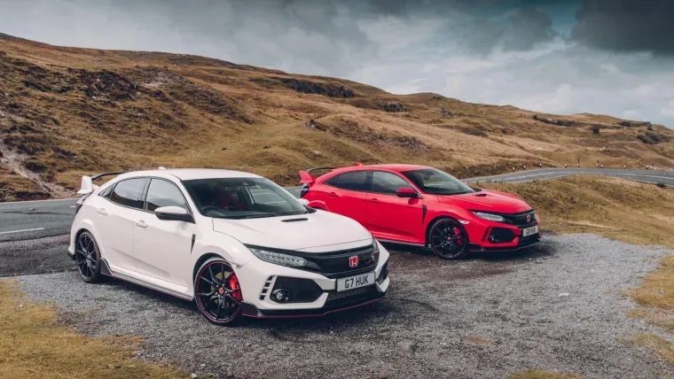 White and Red Honda Civic Type R exterior parked in countryside