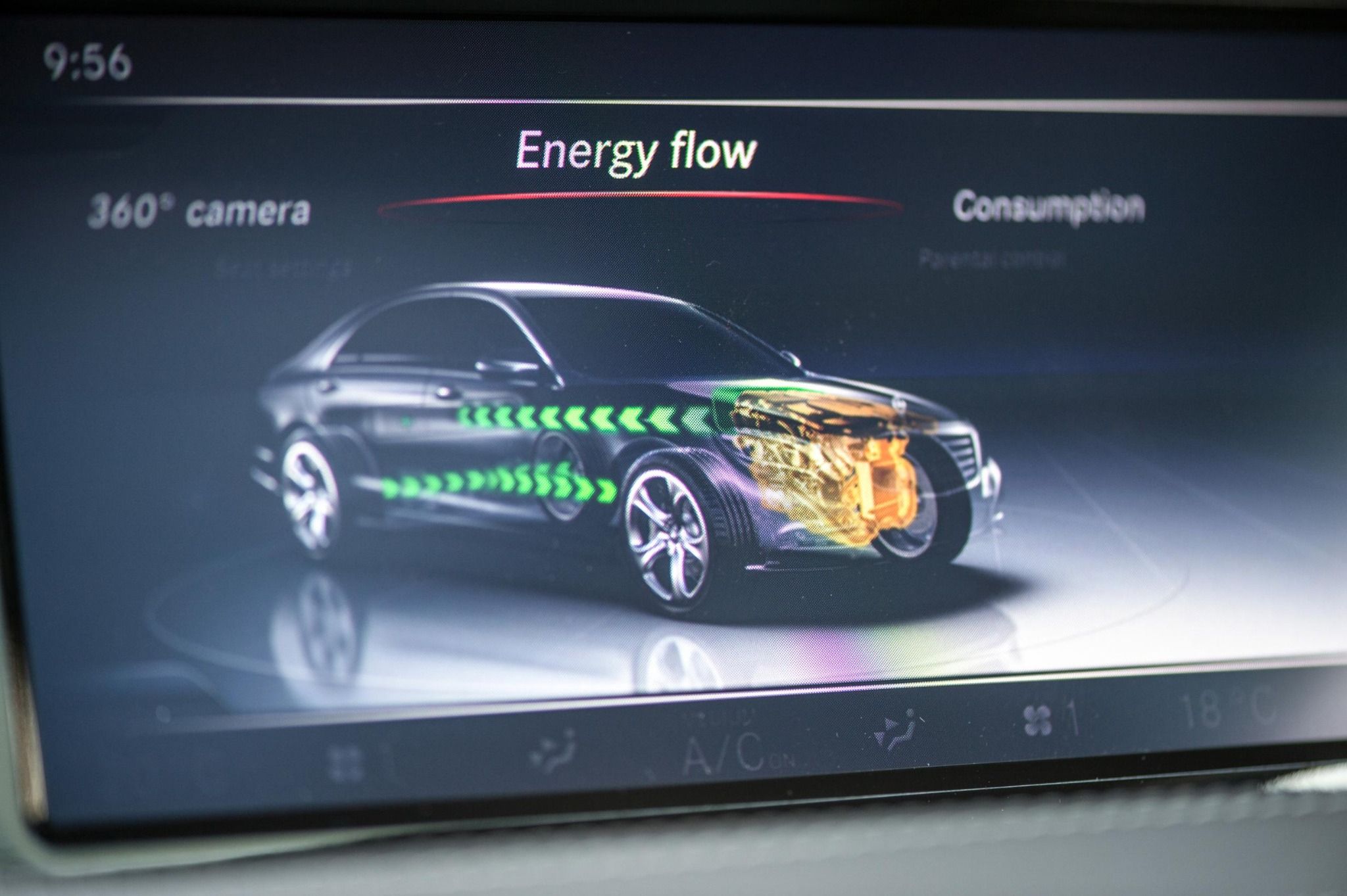Display showing the hybrid flow of a petrol hybrid