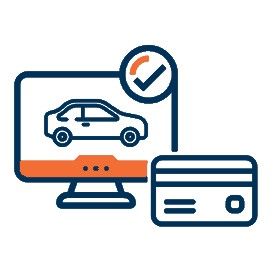Icon of car on PC screen with tick and credit card next to it