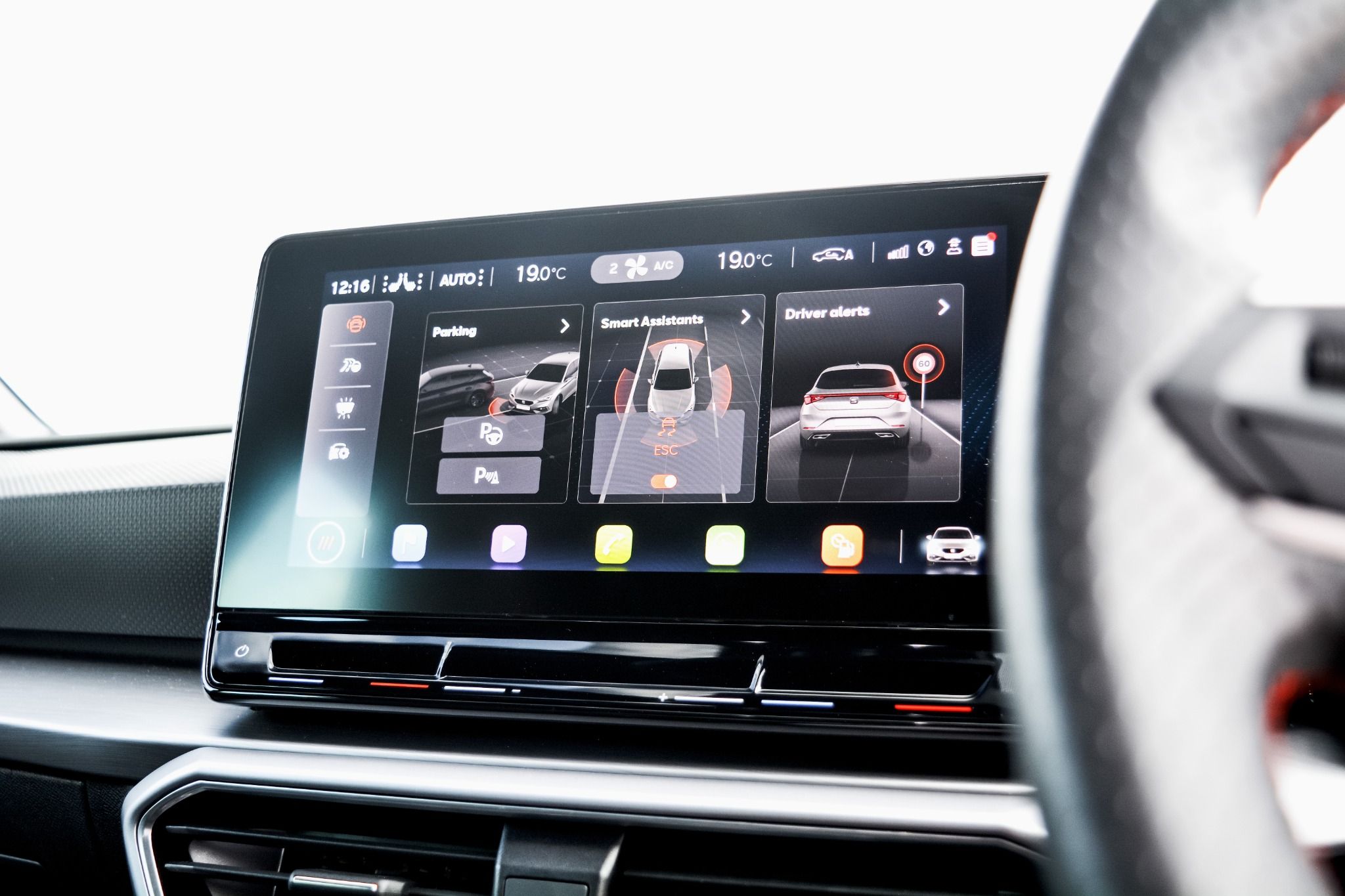 Close up view of infotainment screen inside SEAT Leon