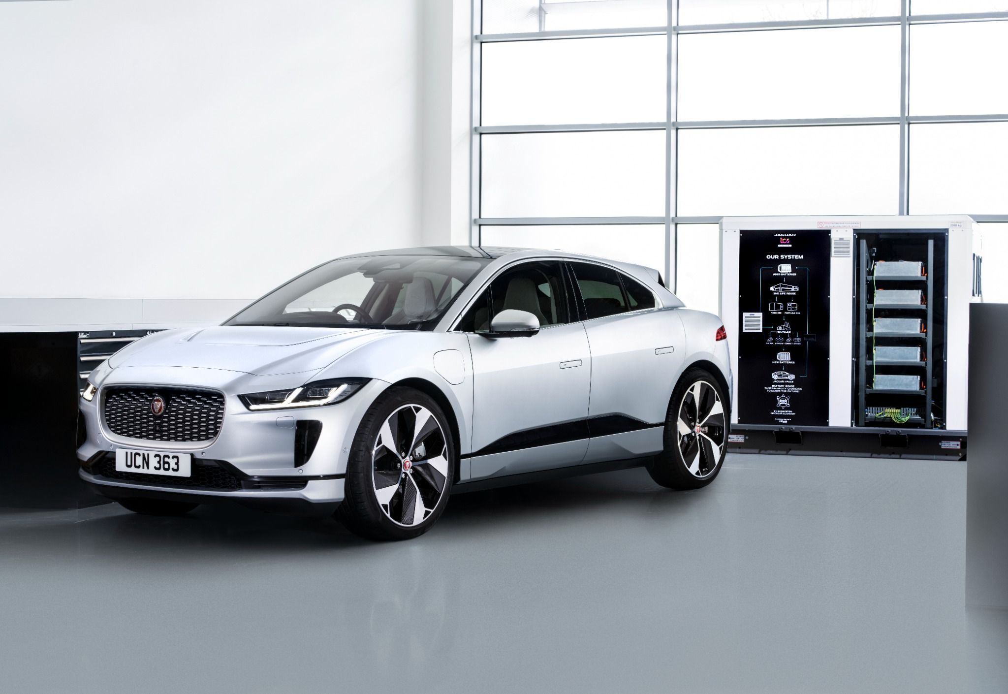 White Jaguar I-pace in a showroom