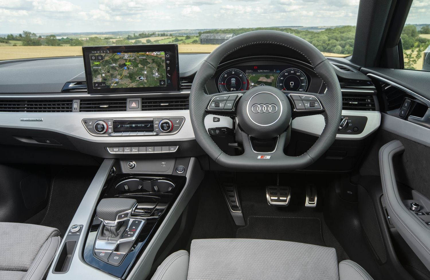 View of Audi A4 interior  front cabin and steering wheel