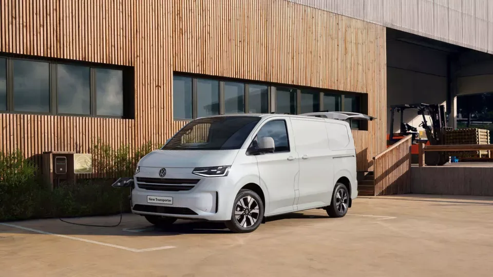 vw new e-transporter parked up with rear open