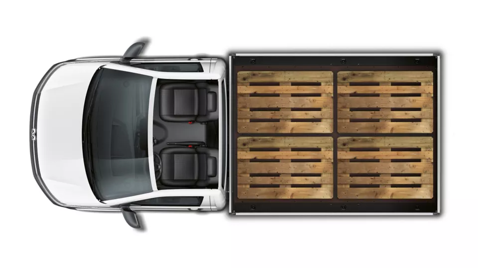 birds eye view of volkswagen transporter chassis cab carrying four pellets to show bed capacity
