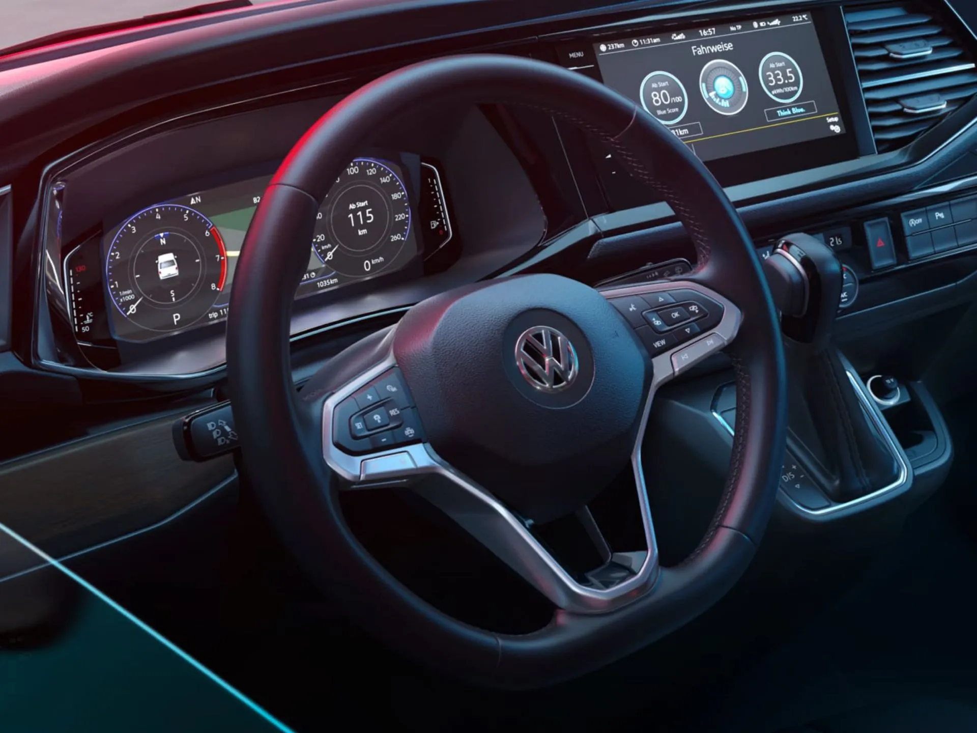 close up of steering wheel and driver display in a volkswagen transporter shuttle