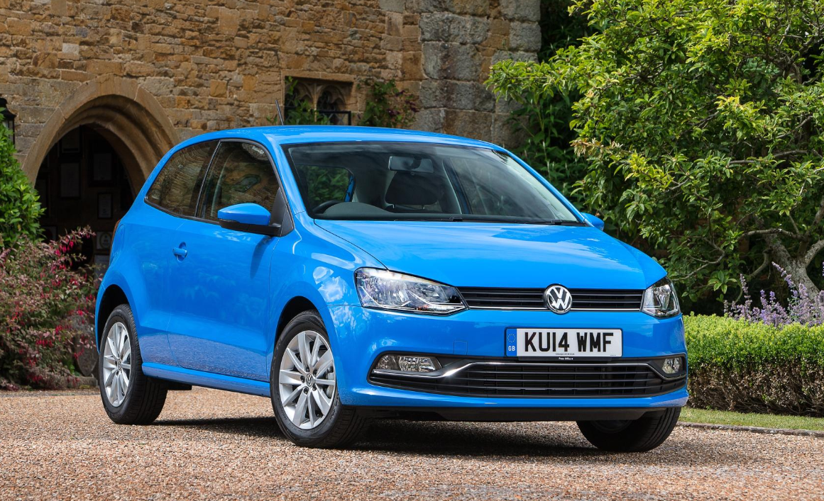 Front view of a blue Volkswagen Polo