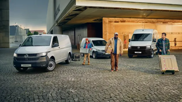 Volkswagen Caddy, Transporter and Crafter parked next to each other